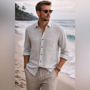 Carbon2Cobalt Mens Button Up Shirt Sz L White Blue India Cotton Southwestern